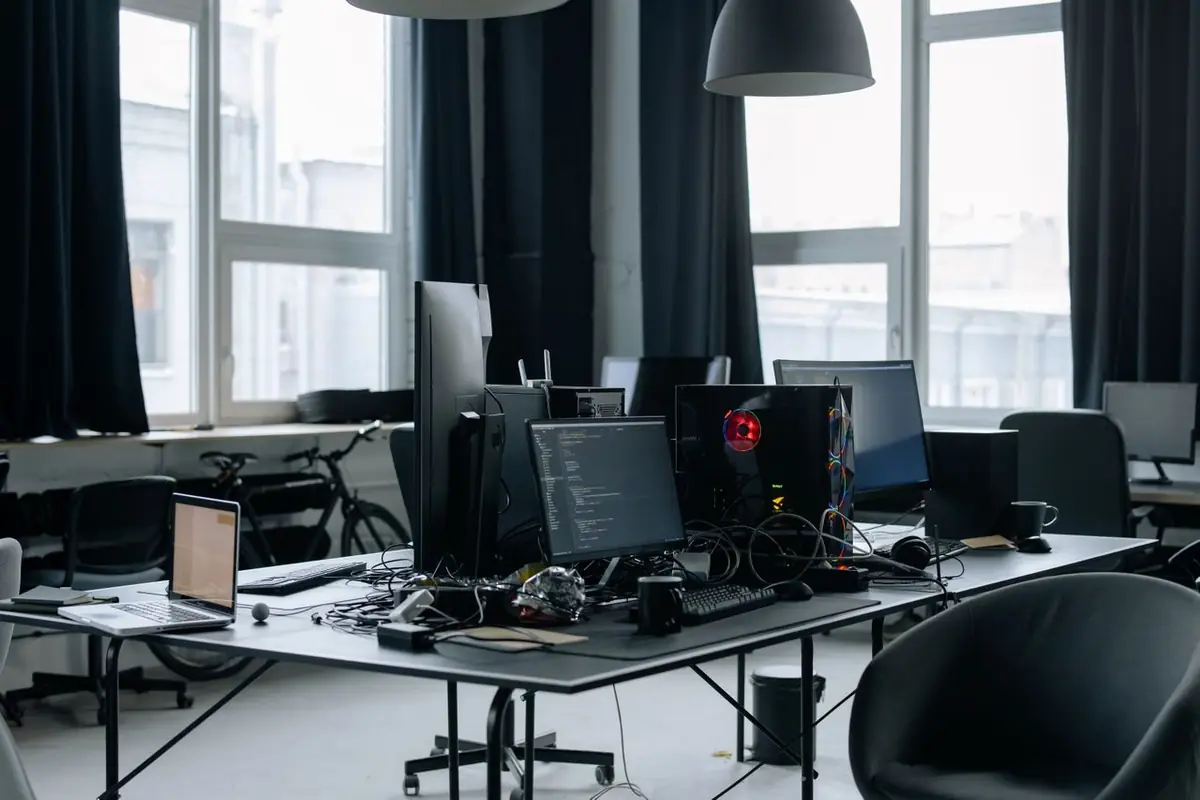 Office workspace with computer equipment — smoke residue attacks electronics long after a fire is out
