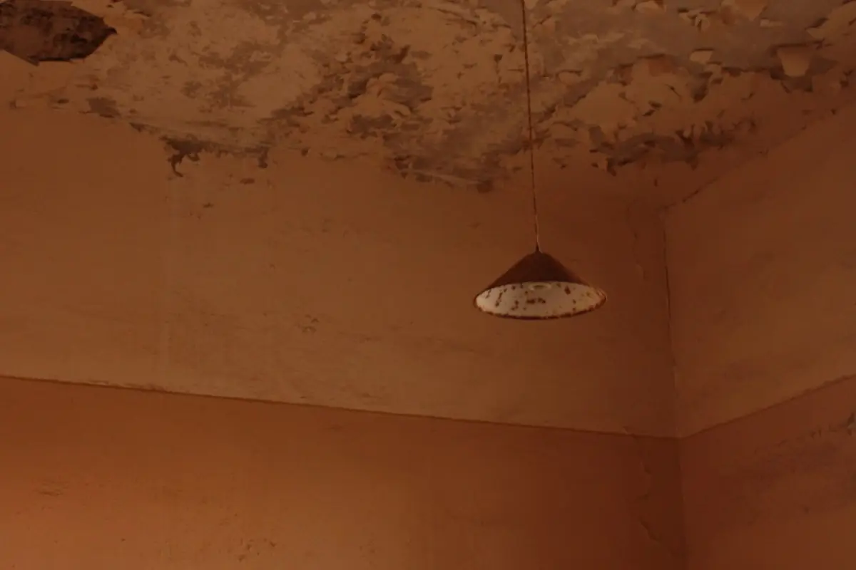 Discoloured, deteriorating ceiling surface — the kind of staining that returns when film is painted over without sealing first